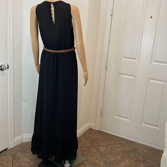 Love 21 Size Small Dress Black Embroidery Lined Brown Belt Maxi Ruffled Bottom - Picture 10 of 15